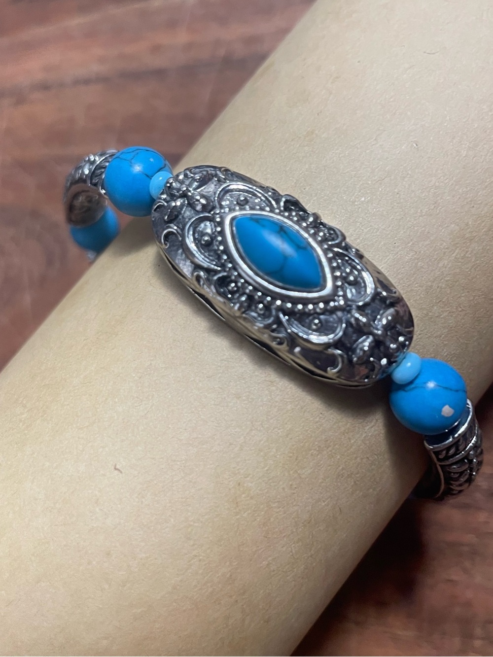Vintage Turquoise Stone Beaded Filigree Bracelet